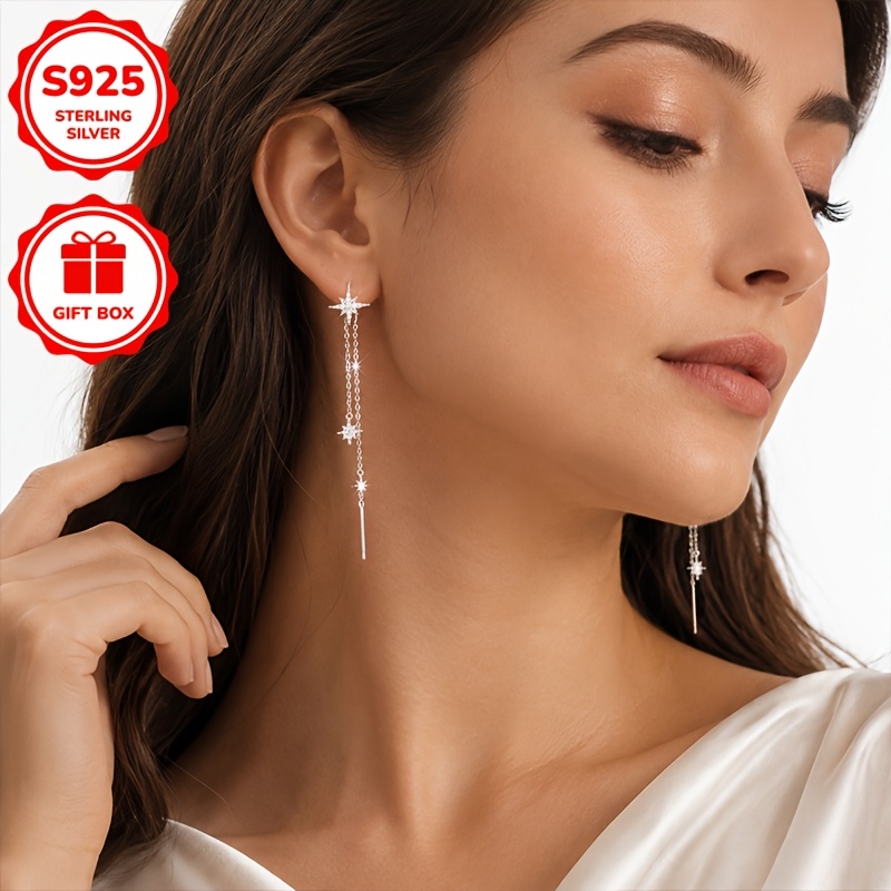 S925 Sterling Silver Hexagram Pendant Tassel Earrings